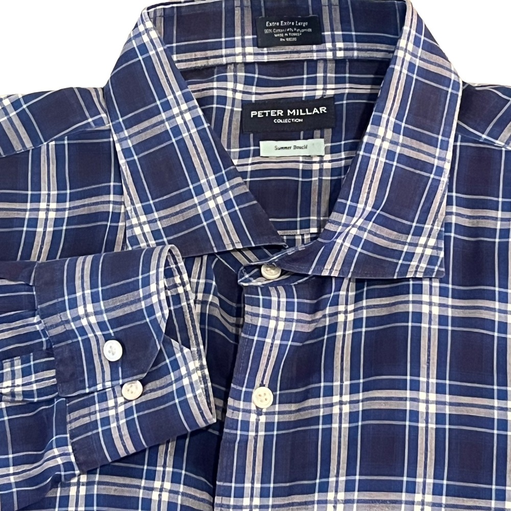 Peter Millar Summer Boucle Shirt Mens XXL Blue Plaid L/S B/U Lightweight